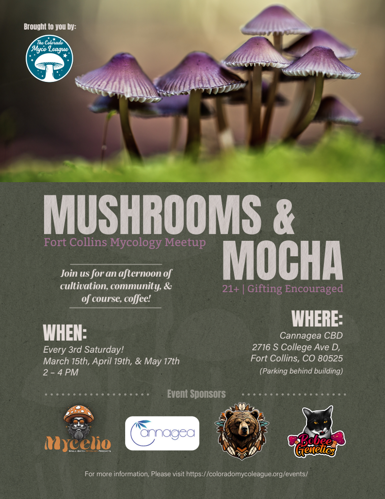 mushrooms and mocha fort collins mycology meetup poster