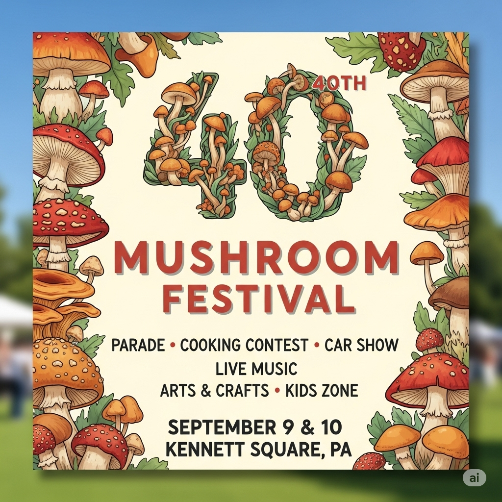 A vibrant, illustrated flyer for the 40th Mushroom Festival in Kennett Square, Pennsylvania. The design features a colorful border of various mushrooms and a large '40' made of mushrooms at the top. The text lists key events like the parade, cooking contest, car show, live music, and arts and crafts.