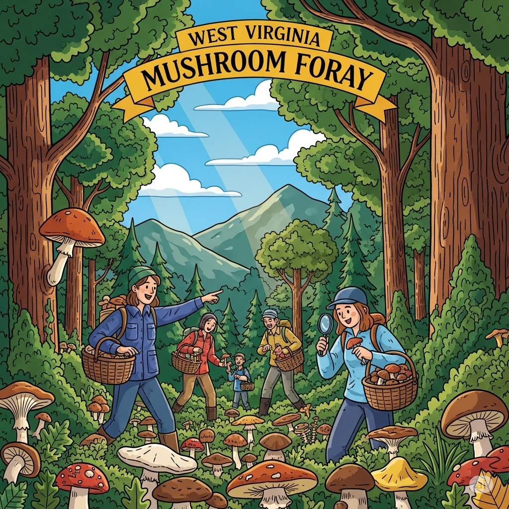 A stylized illustration showing a diverse group of people foraging for a variety of colorful mushrooms in a lush Appalachian forest. A banner at the top of the image reads "West Virginia Mushroom Foray".