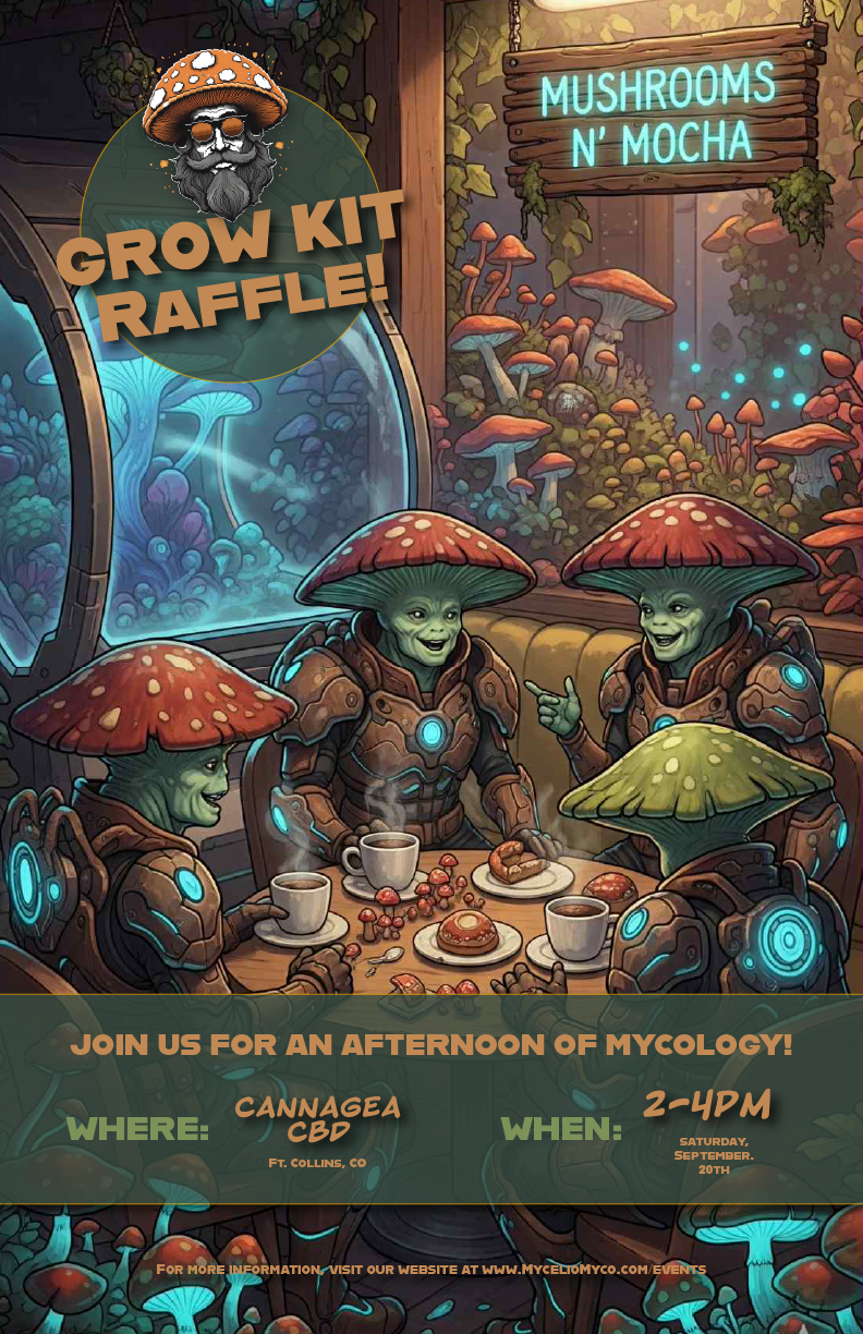 Flyer for Mushrooms n’ Mocha in Fort Collins, an event teaching mushroom growing basics with coffee, community, and a grow kit raffle.